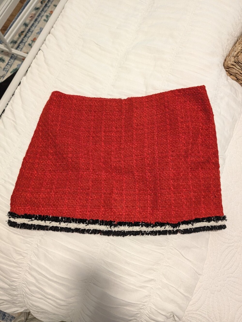 Alice + Olivia Red Tweed Mini Skirt with Black & White Fringe Trim